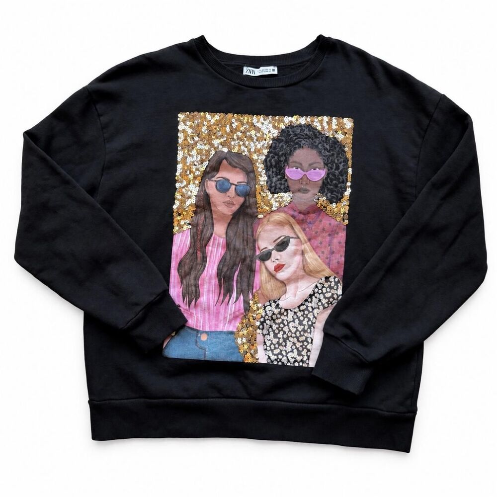 Zara Black Sequin Graphic Crewneck Sweatshirt Glam Statement Top Size S